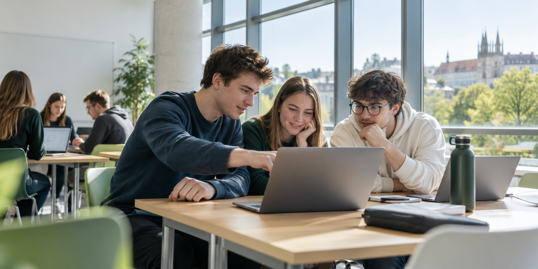 Students working together on a laptop in a university classroom